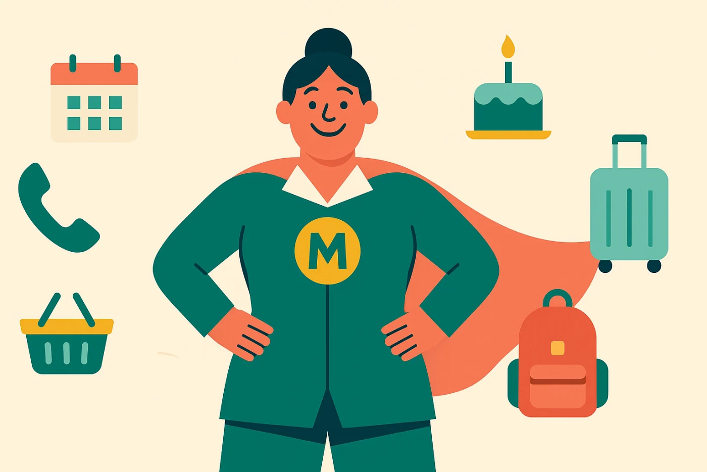 Milvie standing with her hands on her hips, surrounded by the things families hand over: a calendar, a telephone, a shopping basket, a birthday cake, a suitcase and a school backpack.