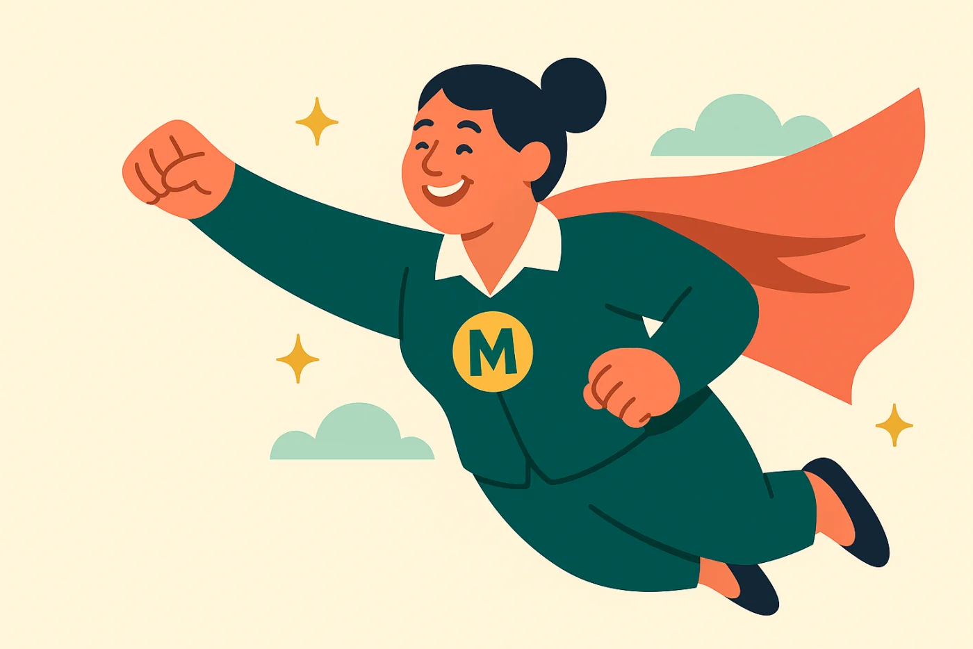 Milvie flying in with her fist forward, wearing a deep green suit with a golden M emblem and a coral cape, surrounded by clouds and sparkles.