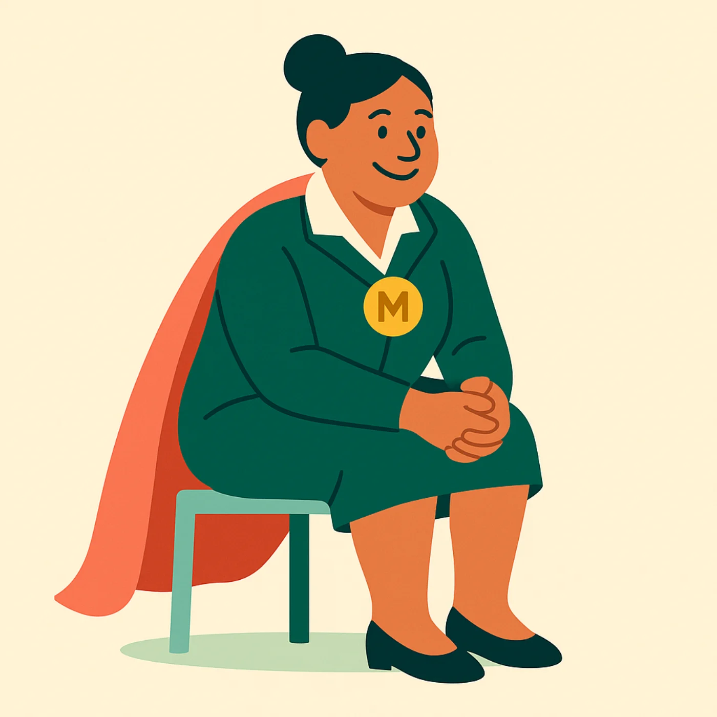 Milvie sitting on a stool, leaning forward with her hands clasped, listening.