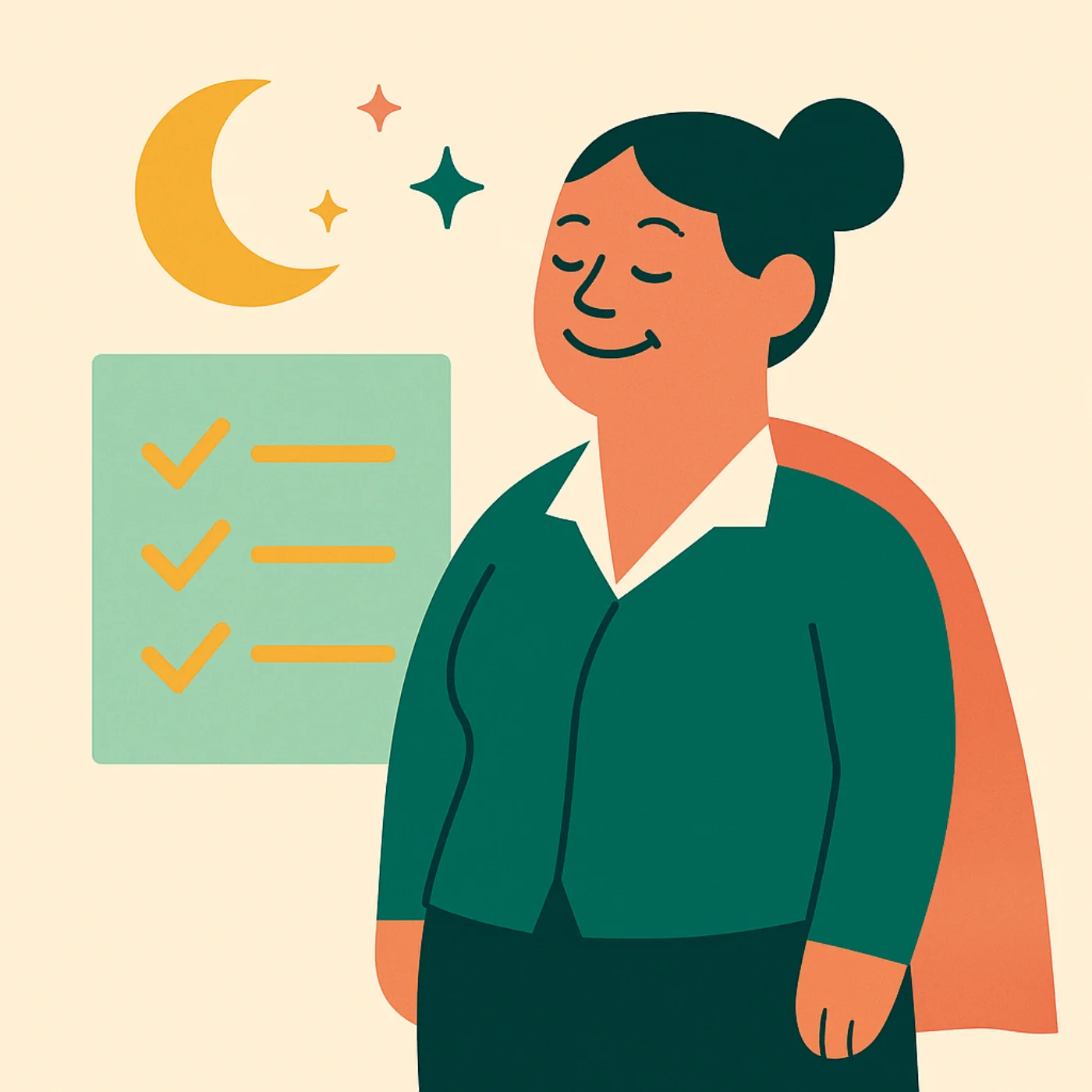 Milvie at the end of the day beside a checklist with three ticks, under a crescent moon and stars.