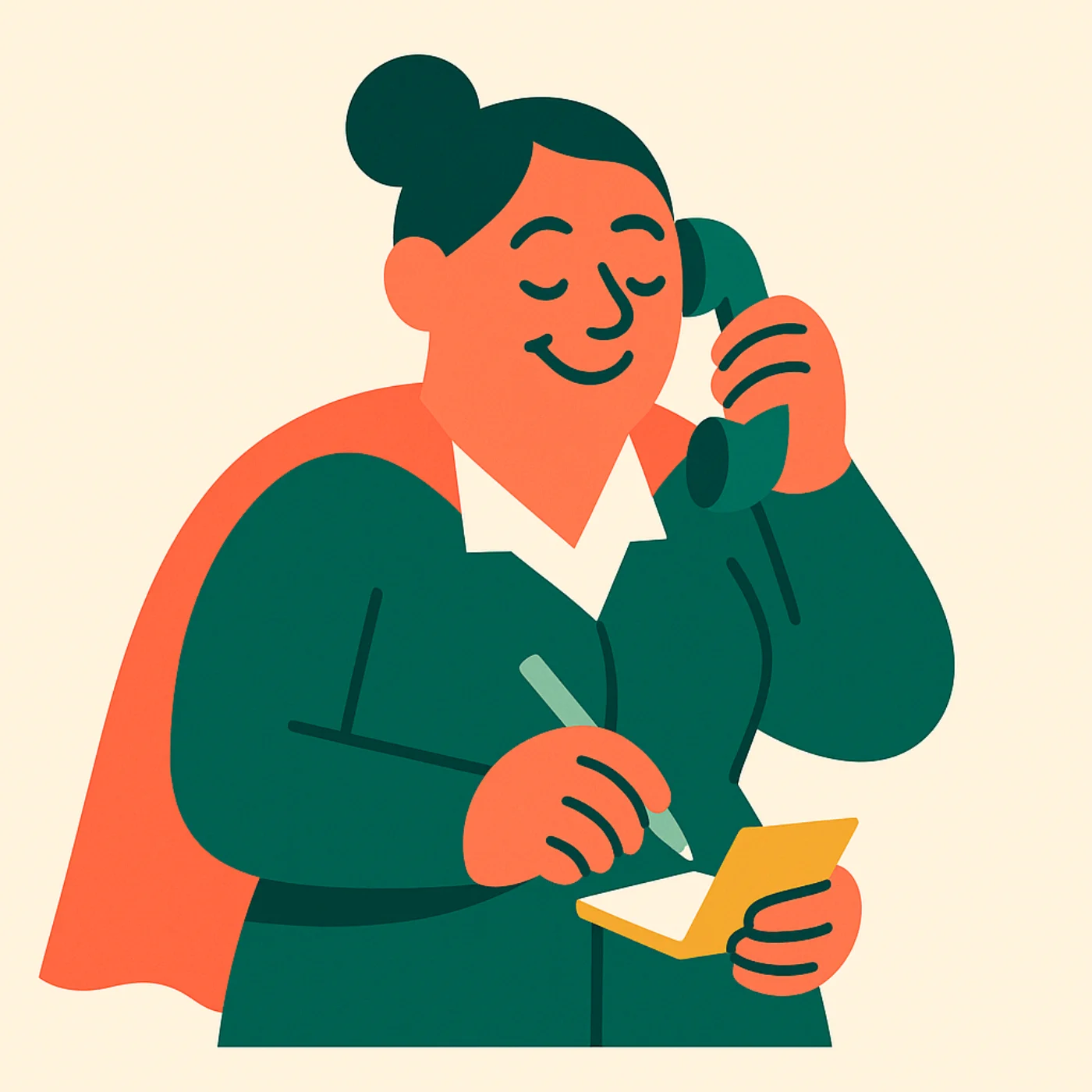Milvie on the telephone with three hands: one holding the handset, one writing with a pencil, one steadying the notepad.