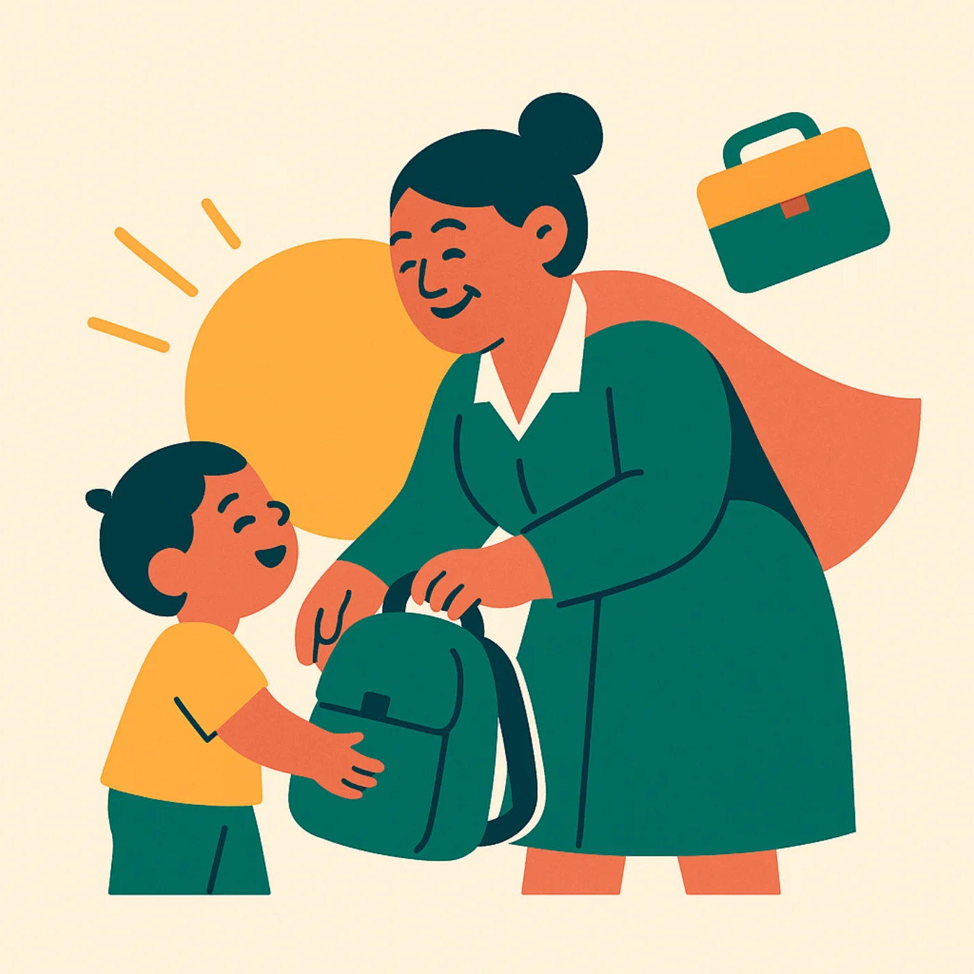 Milvie handing a backpack to a smiling child on the way to school.